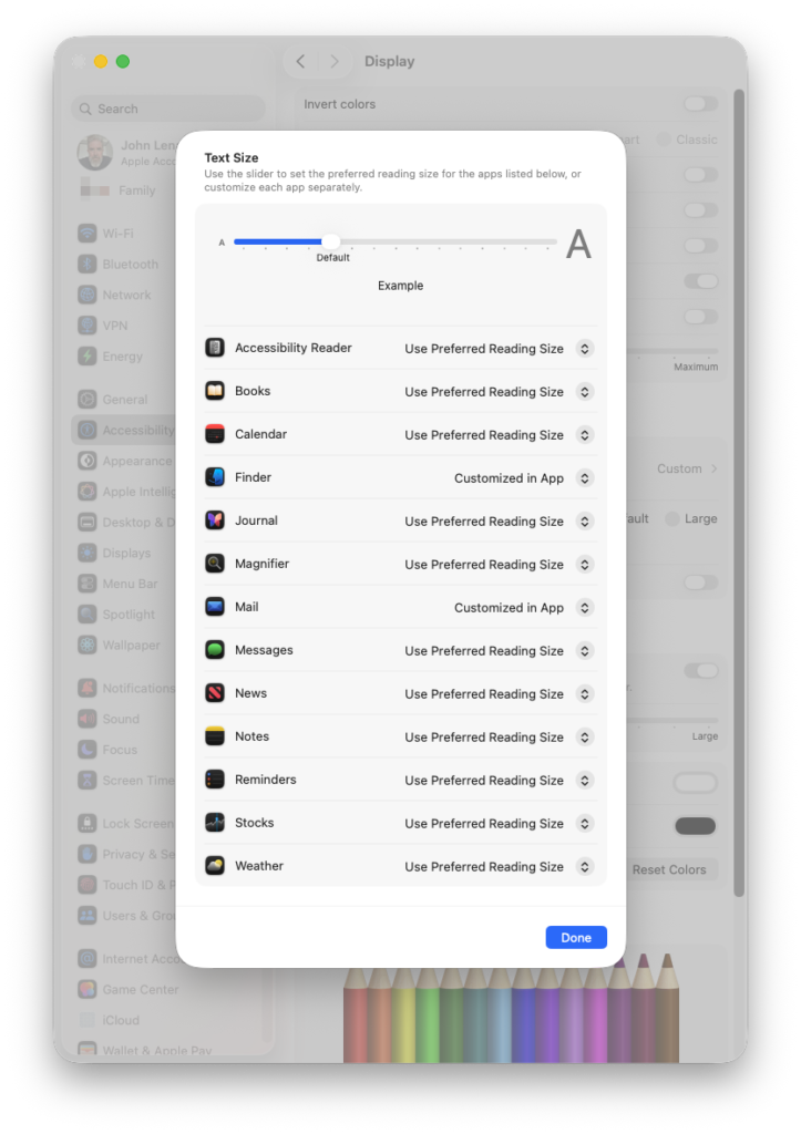 Screenshot showing list of Apple apps that support independent text sizes in the Accessibility settings on macOS.