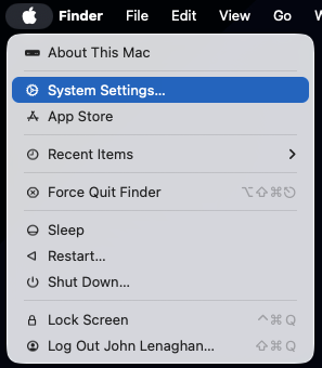 A screenshot showing the System Settings option on the Apple menu in macOS.
