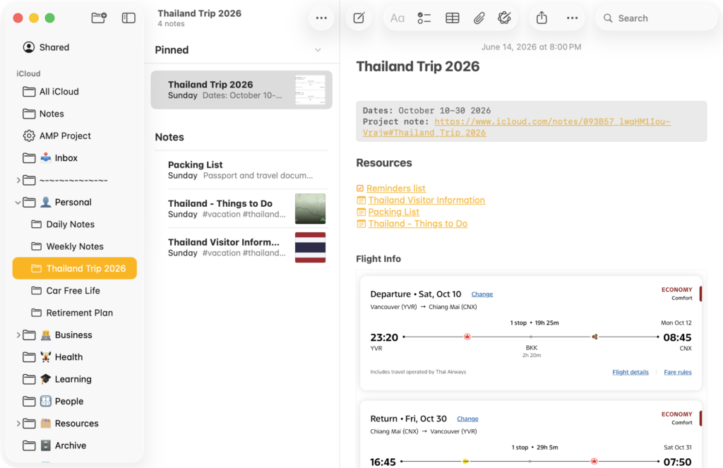 Screenshot of Apple Notes app on the Mac showing an example project note.