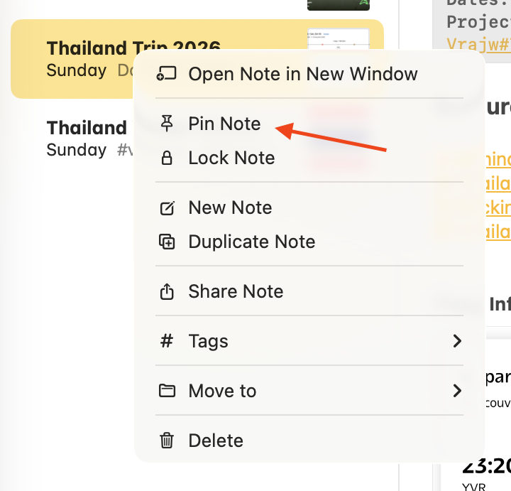 Screenshot of Pin Note option in Apple Notes on the Mac.