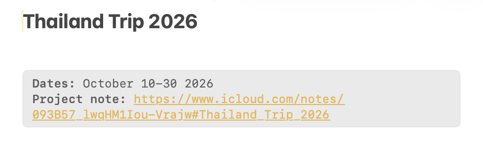 Screenshot of metadata at the top of the example project note
