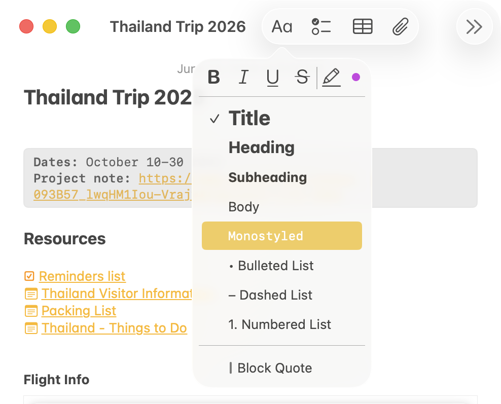 Screenshot of how to set text to the Monostyled format in Apple Notes on the Mac