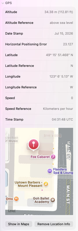 A screenshot showing example GPS data from a photo in Preview.