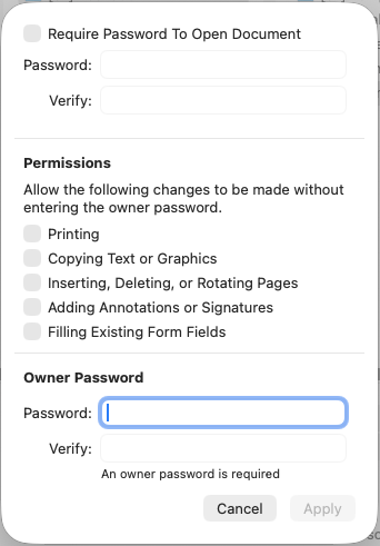 A screenshot of the permissions setting window in the File > Export command in Preview.
