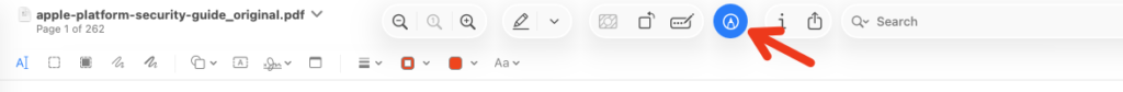 A screenshot of the markup toolbar in Apple Preview for Mac showing the button to toggle it on and off.