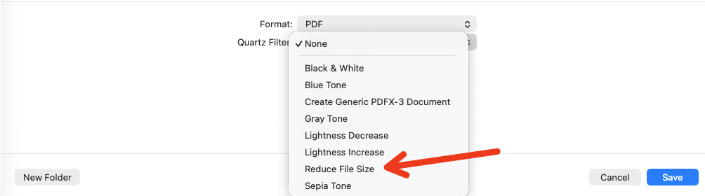 A screenshot showing where to find the Reduce File Size feature on the Quartz Filter dropdown when exporting a PDF in Preview.
