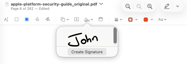 A screenshot of the signature tool in Preview with an example signature showing in the dropdown.