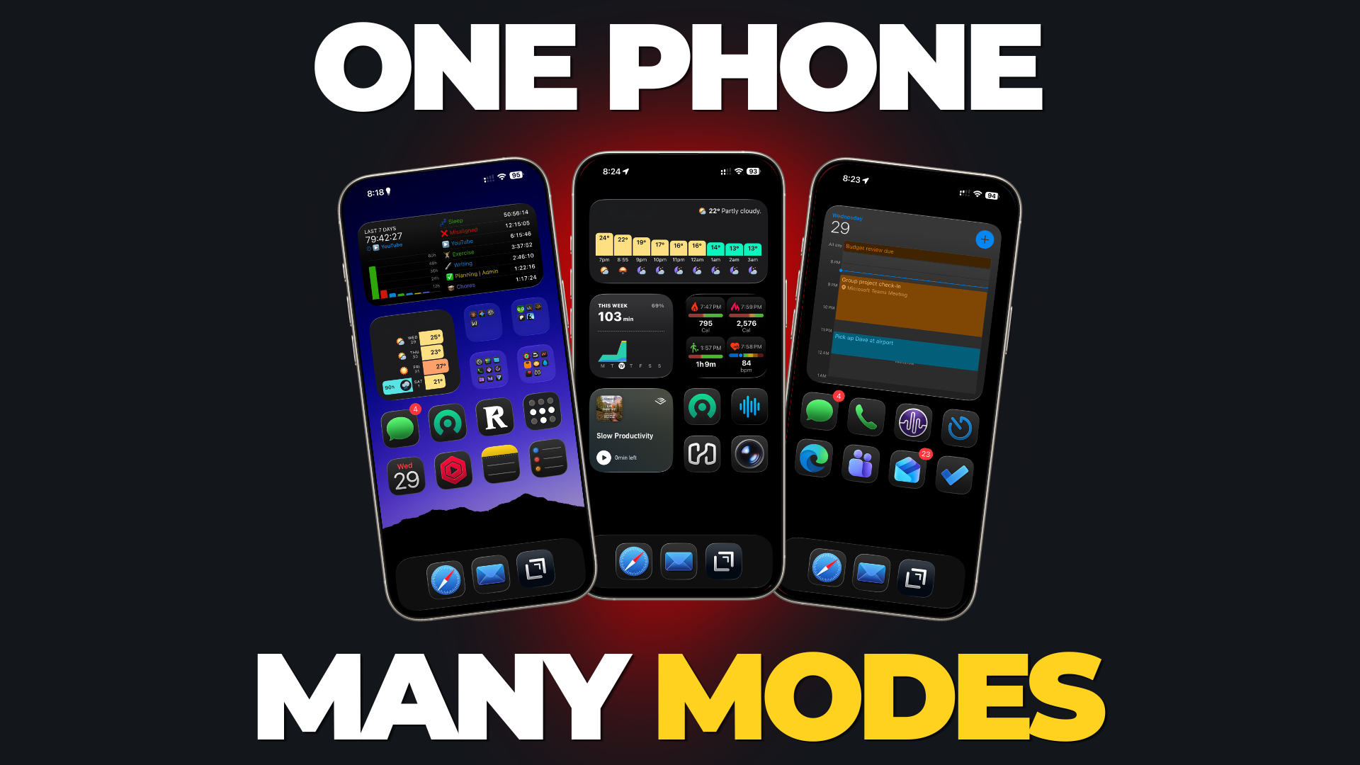 Header image showing three different iPhone home screens with the text "One Phone Many Modes"