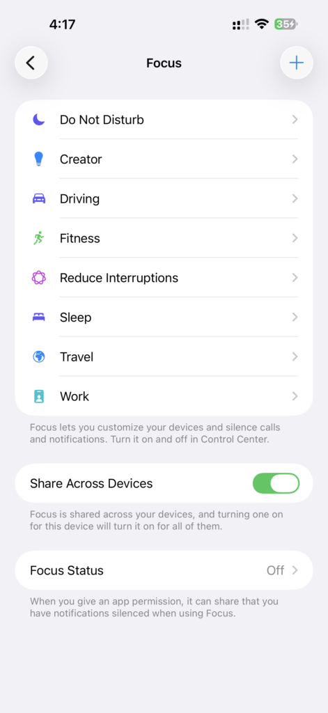 Screenshot showing a list of Focus Modes in the iPhone settings.
