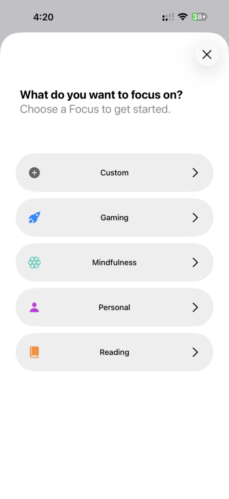 Screenshot showing create new Focus Mode screen on iPhone with a list of default options