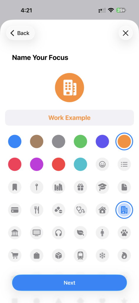 Screenshot showing the custom Focus Mode creation screen with some sample data filled in for the name, icon, and color