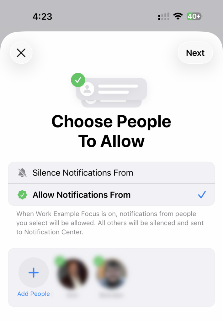Screenshot showing the "Choose People to Allow" setup screen for Focus Modes on the iPhone