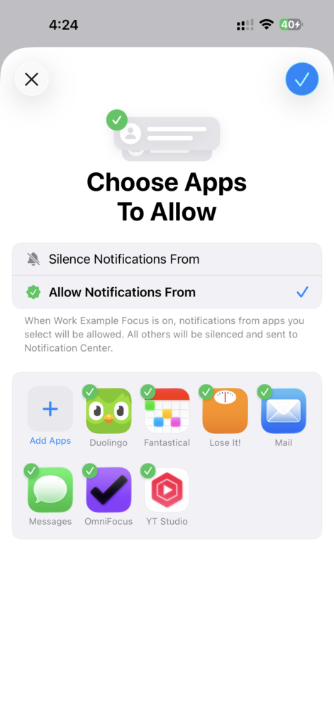 Screenshot showing the "Choose Apps to Allow" setup screen for Focus Modes on the iPhone