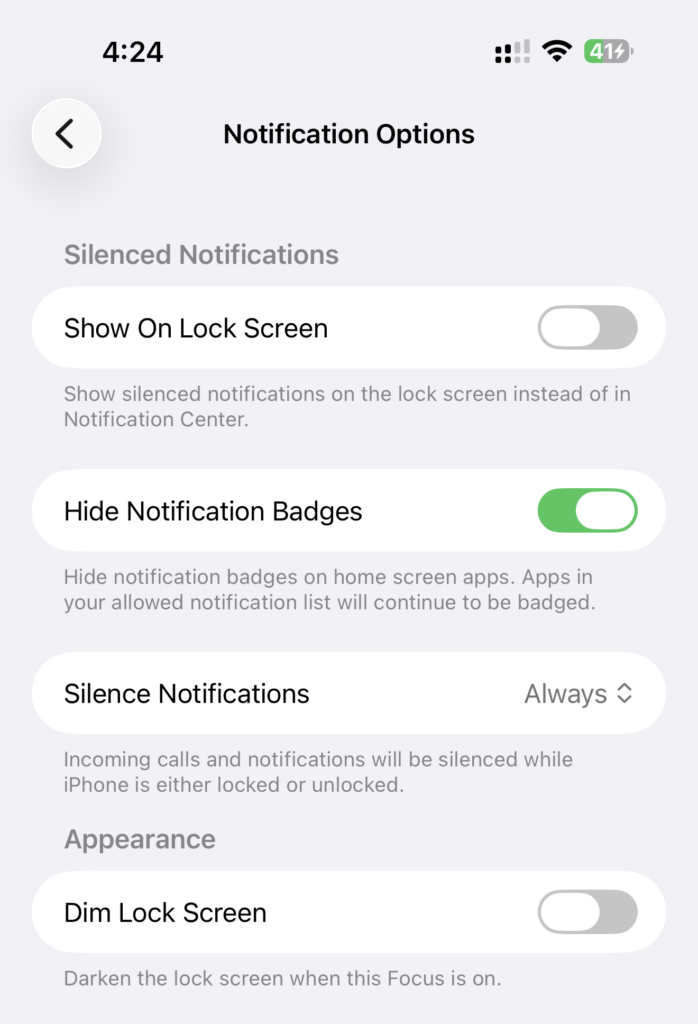 Screenshot showing the Notification Options for setting up Focus Modes on the iPhone.