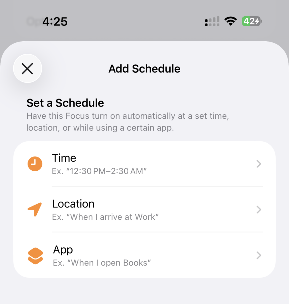 Screenshot showing the different scheduling options for setting up Focus Modes on the iPhone