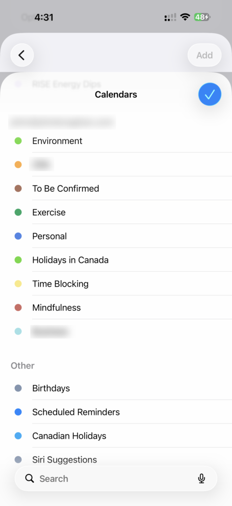 Screenshot showing a list of calendars in the Calendar Focus Filter settings on the iPhone