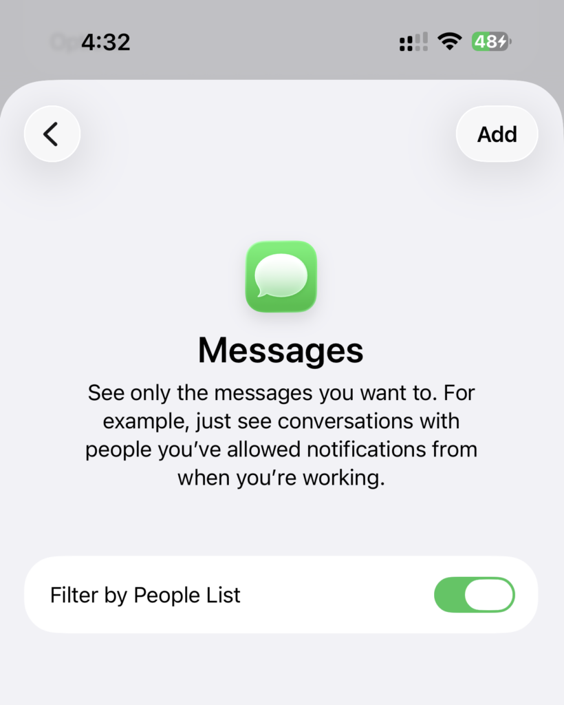 Screenshot showing the Messages Focus Filter settings on the iPhone
