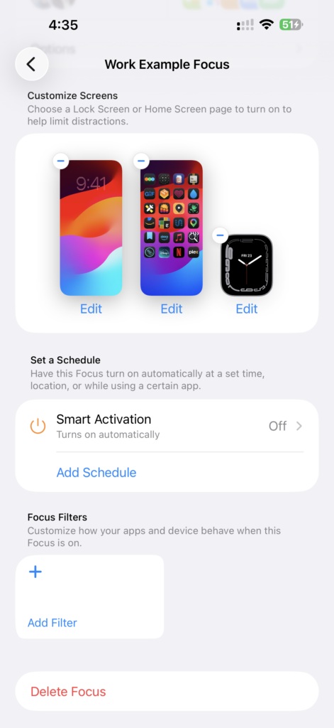 Screenshot showing the lock screen, home screen, and watch face options in the Focus Mode settings on the iPhone