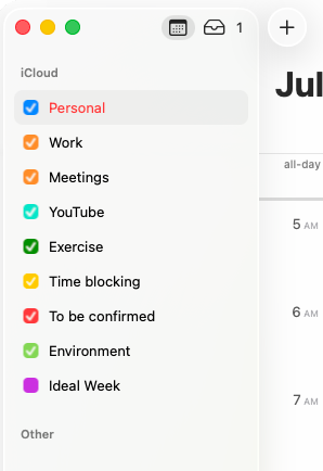 Screenshot showing a list of calendars in the sidebar of the Apple Calendar app