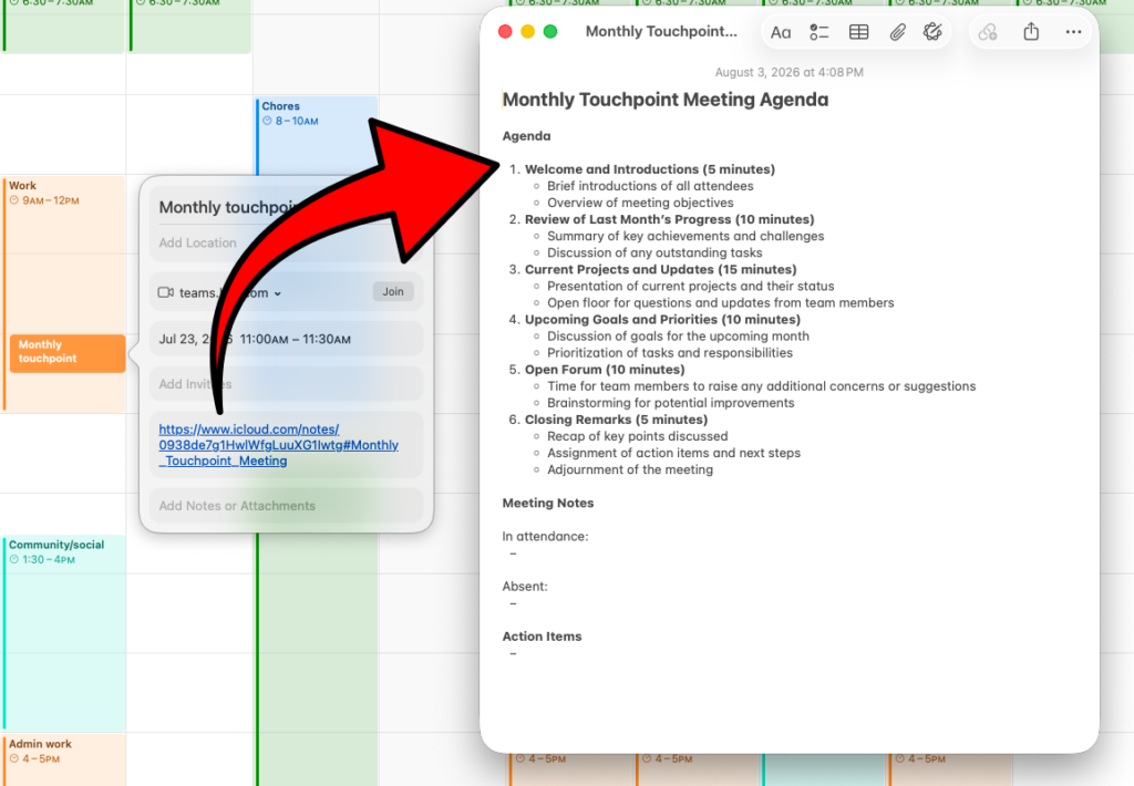Screenshot of a calendar event in Apple Calendar with a link to a note in Apple Notes. The linked note is open beside the calendar entry.
