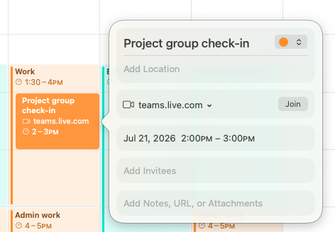 Screenshot of an event in Apple Calendar with a Join button for a Microsoft Teams meeting