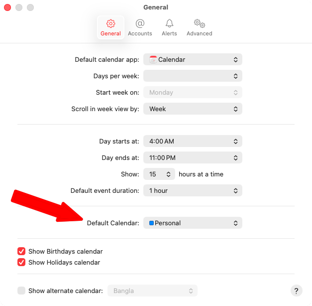 Screenshot showing the settings window in Apple Calendar with an arrow pointing to the Default Calendar option