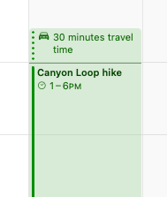 Screenshot of a calendar event in Apple Calendar with travel time blocked off before the start time
